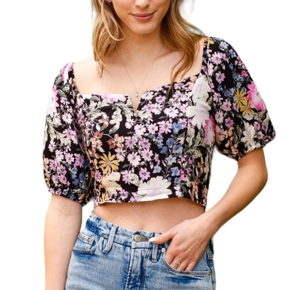 Saltwater Luxe Lenny Multi Floral Oasis Puff Sleeve Off Shoulder Crop Top - M - Picture 16 of 16